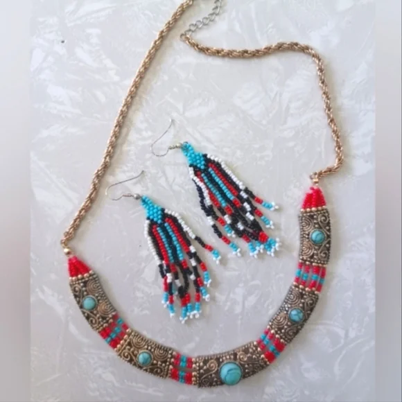 Beaded Necklace and Earrings Red & Turquoise - Picture 7 of 7